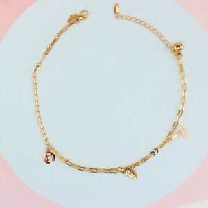 "Rose Gold Plated Dual Chain Anklet with Leaf and Fan Charms, XPAL1194